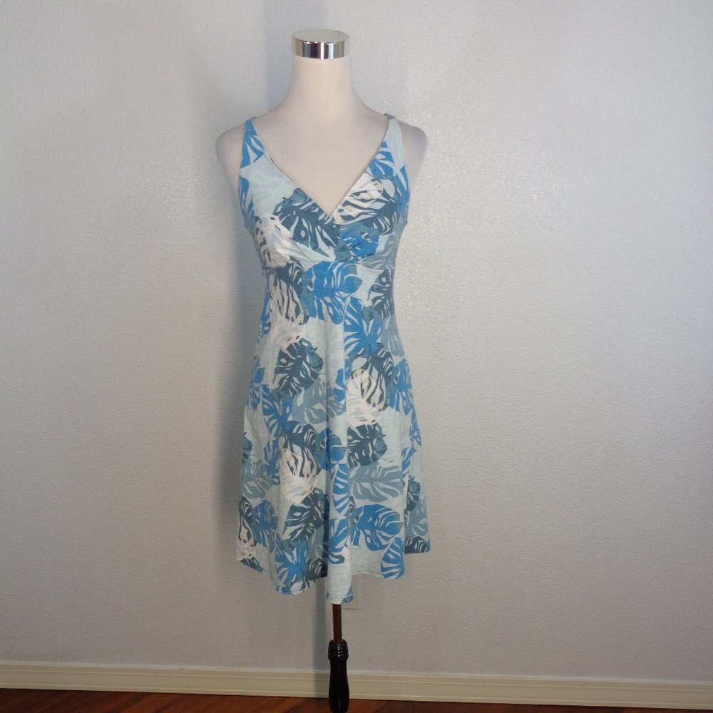 Patagonia Organic Cotton Dress Size XS Blue White Leaf Print Faux Wrap